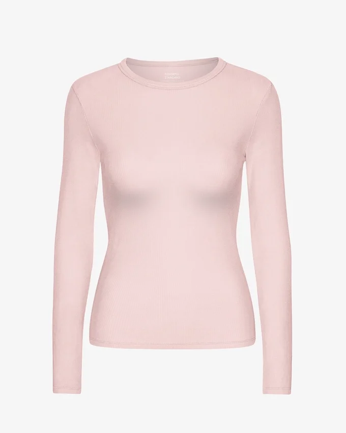 Camiseta de manga larga de punto acanalado orgánica para mujer - Rosa descolorido
