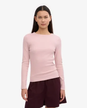 Camiseta de manga larga de punto acanalado orgánica para mujer – Rosa descolorido