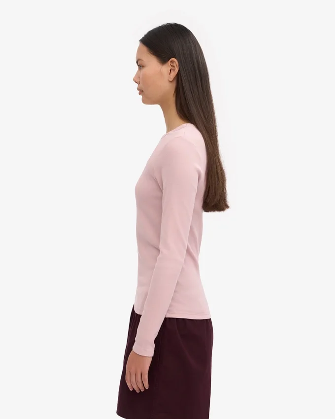 Camiseta de manga larga de punto acanalado orgánica para mujer - Rosa descolorido