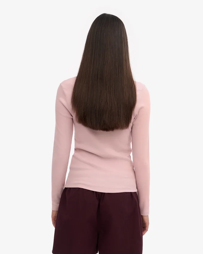Camiseta de manga larga de punto acanalado orgánica para mujer - Rosa descolorido