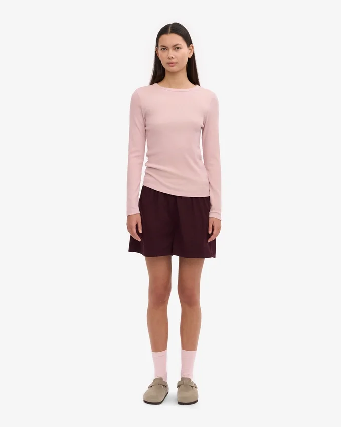 Camiseta de manga larga de punto acanalado orgánica para mujer - Rosa descolorido