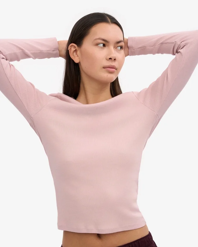 Camiseta de manga larga de punto acanalado orgánica para mujer - Rosa descolorido