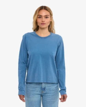 Camiseta de manga larga orgánica para mujer – Índigo descolorido