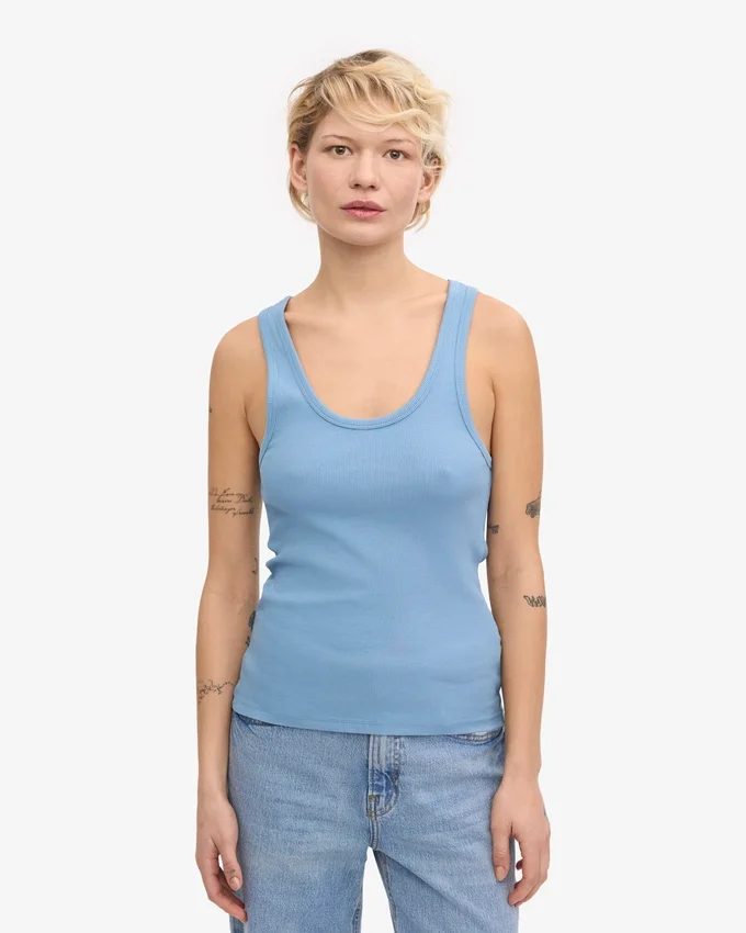 Camiseta de tirantes de punto acanalado orgánica para mujer - Azul mar