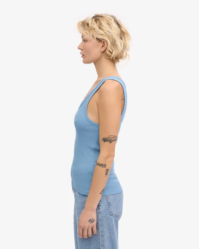 Camiseta de tirantes de punto acanalado orgánica para mujer - Azul mar