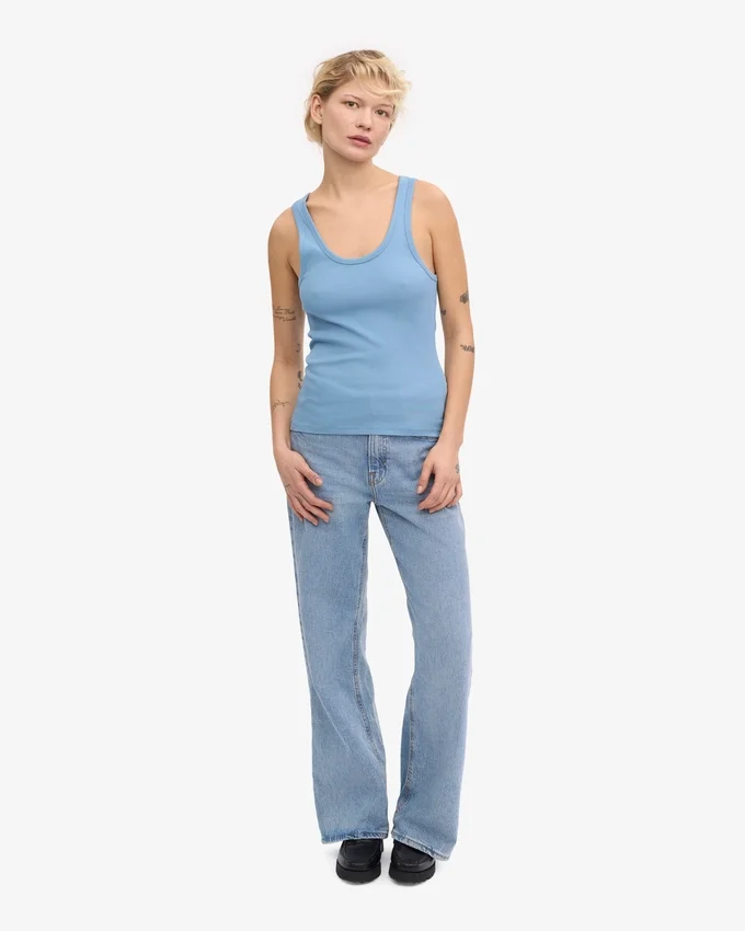 Camiseta de tirantes de punto acanalado orgánica para mujer - Azul mar
