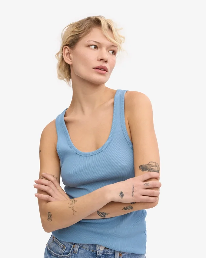 Camiseta de tirantes de punto acanalado orgánica para mujer - Azul mar