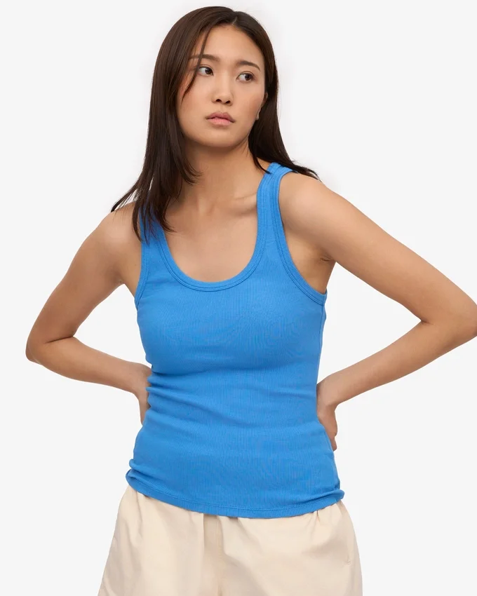 Camiseta de tirantes de punto acanalado orgánica para mujer - Azul Pacífico