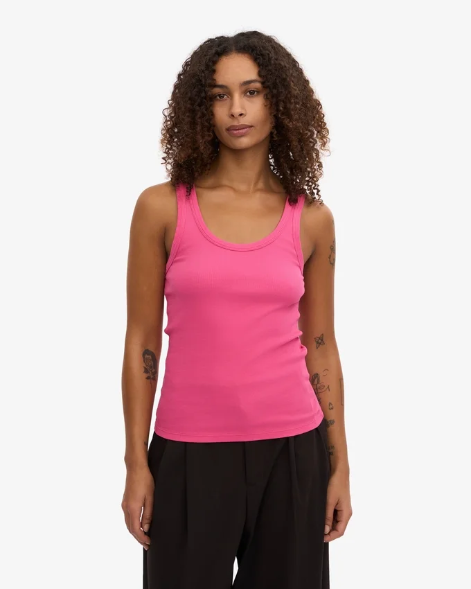 Camiseta de tirantes de punto acanalado orgánica para mujer - Rosa chicle