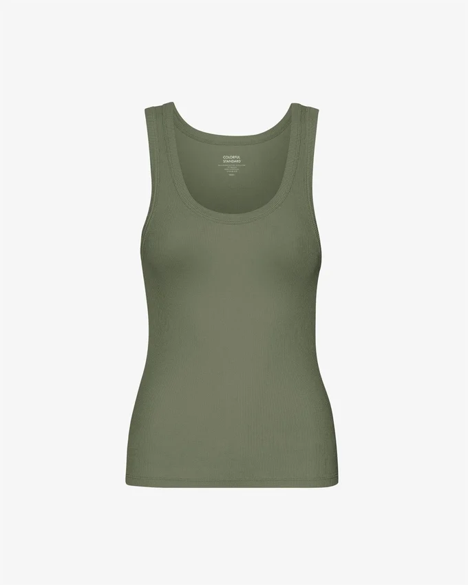 Camiseta de tirantes de punto acanalado orgánica para mujer - Verde oliva apagado