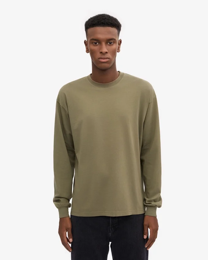 Camiseta orgánica de manga larga oversize - Verde oliva polvoriento