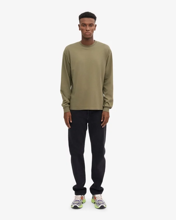 Camiseta orgánica de manga larga oversize - Verde oliva polvoriento