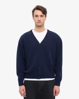 Cardigan de lana merino con cuello en V – Azul marino