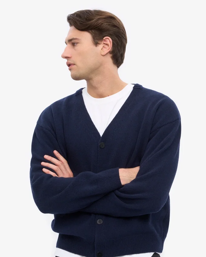 Cardigan de lana merino con cuello en V - Azul marino