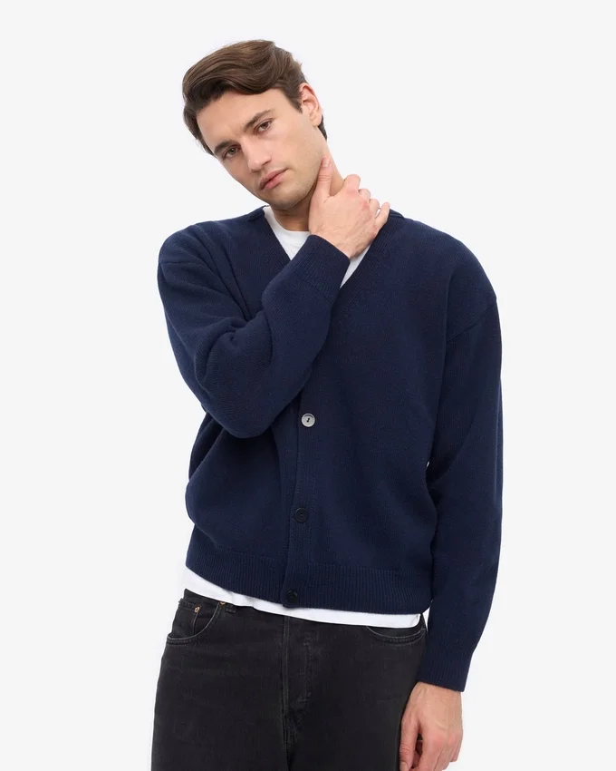 Cardigan de lana merino con cuello en V - Azul marino