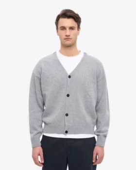 Cardigan de lana merino con cuello en V – Gris jaspeado
