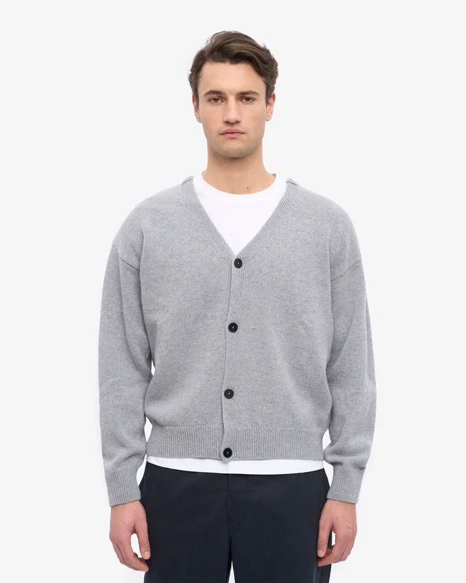 Cardigan de lana merino con cuello en V - Gris jaspeado