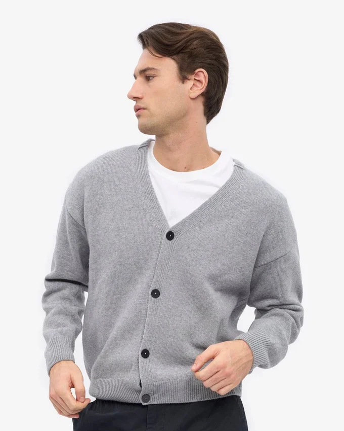 Cardigan de lana merino con cuello en V - Gris jaspeado