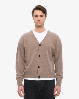 Cardigan de lana merino con cuello en V – Gris topo cálido