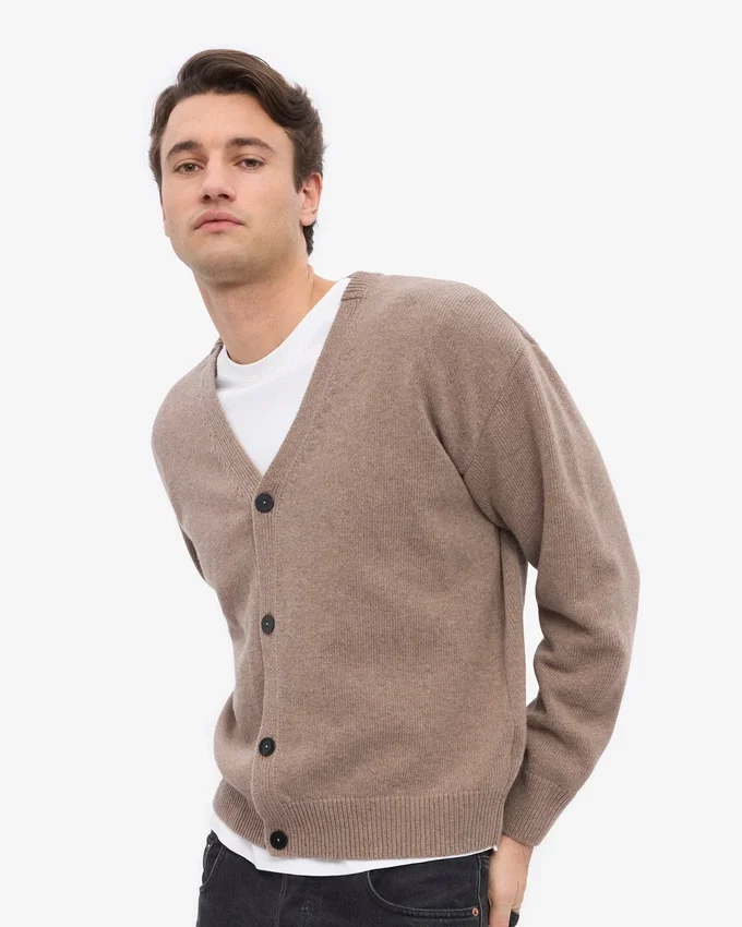 Cardigan de lana merino con cuello en V - Gris topo cálido