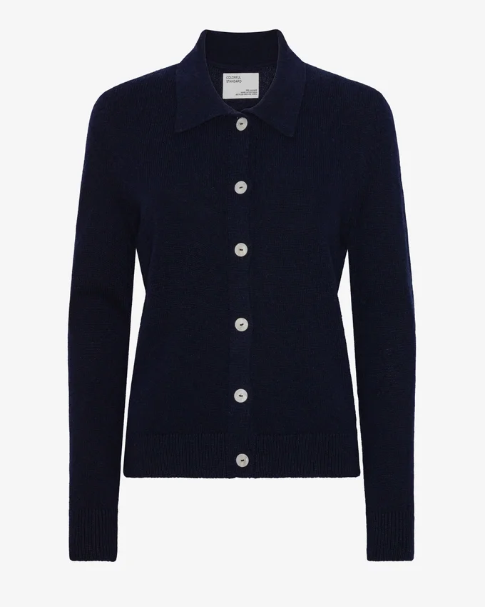 Cardigan de lana merino con cuello para mujer - Azul marino