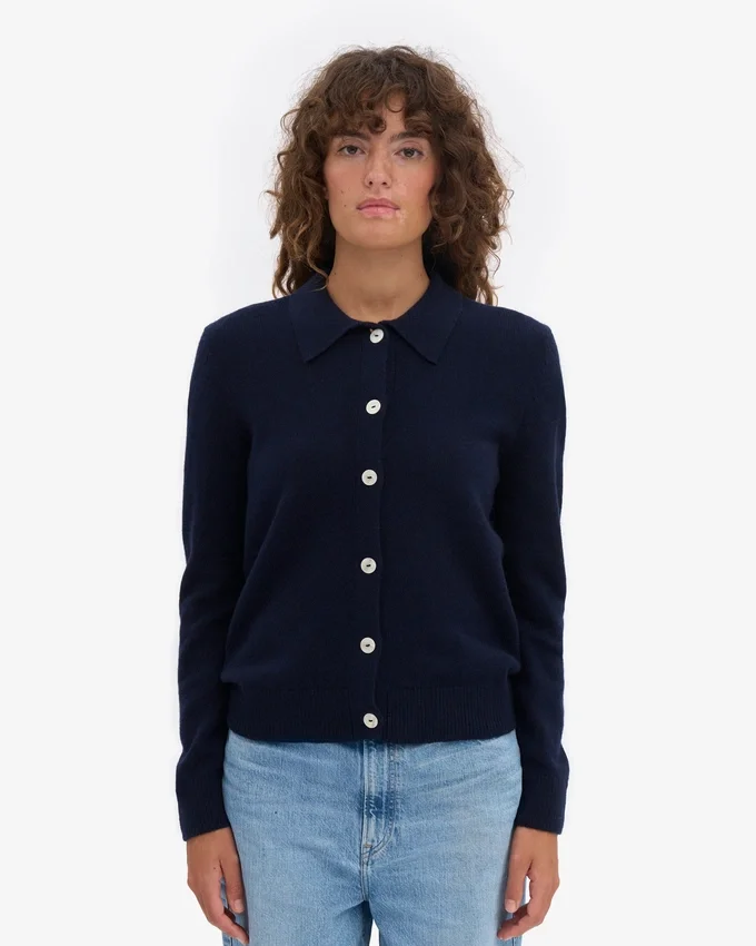 Cardigan de lana merino con cuello para mujer - Azul marino