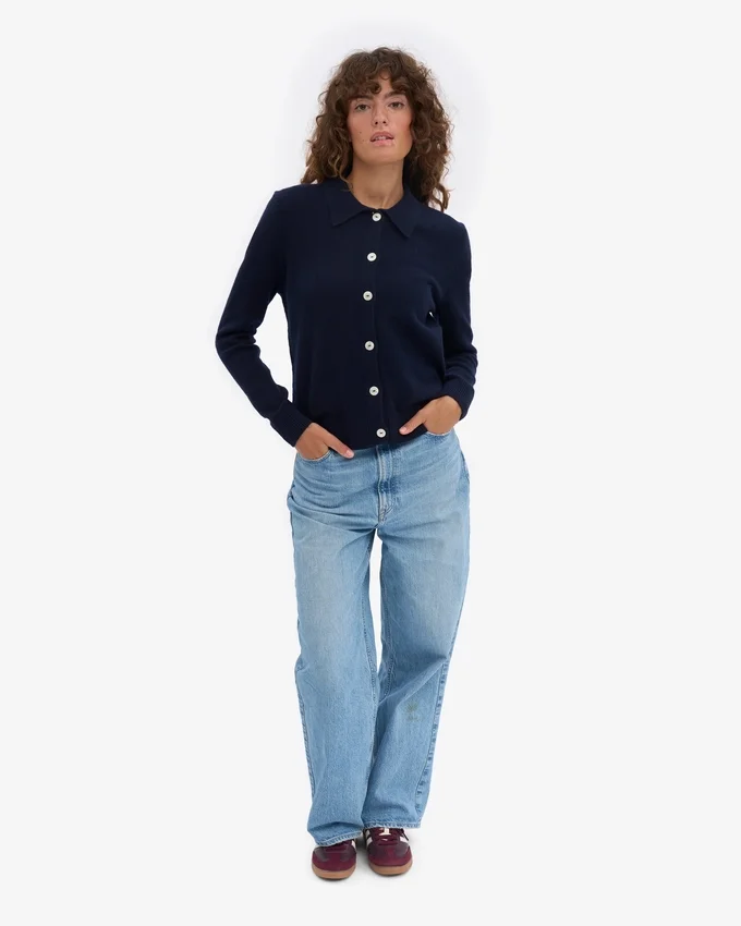 Cardigan de lana merino con cuello para mujer - Azul marino
