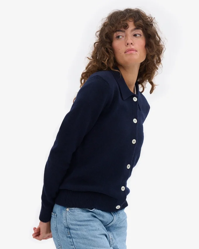 Cardigan de lana merino con cuello para mujer - Azul marino