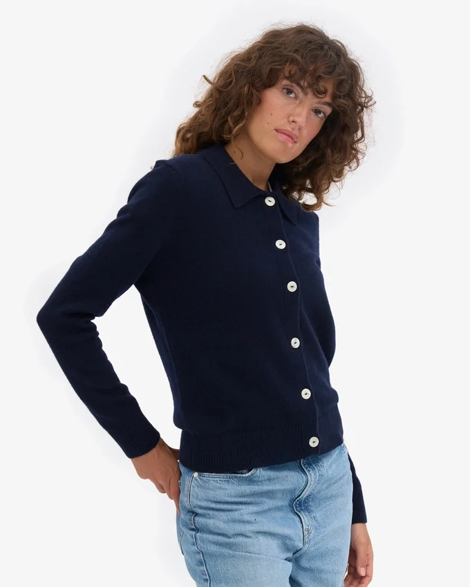 Cardigan de lana merino con cuello para mujer - Azul marino