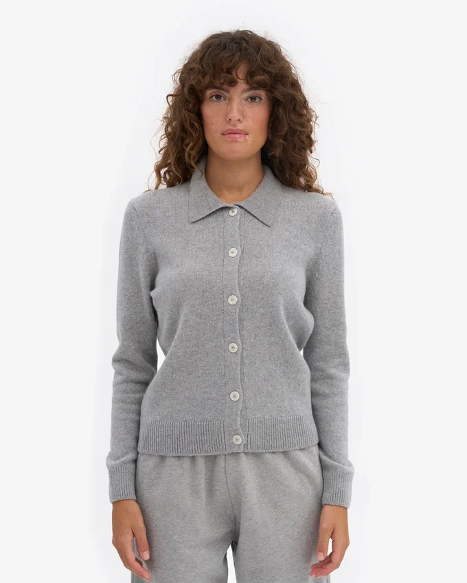 Cardigan de lana merino con cuello para mujer - Gris jaspeado