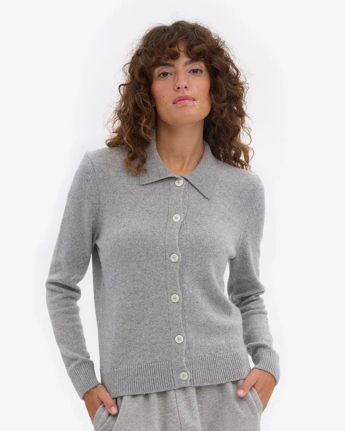 Cardigan de lana merino con cuello para mujer - Gris jaspeado