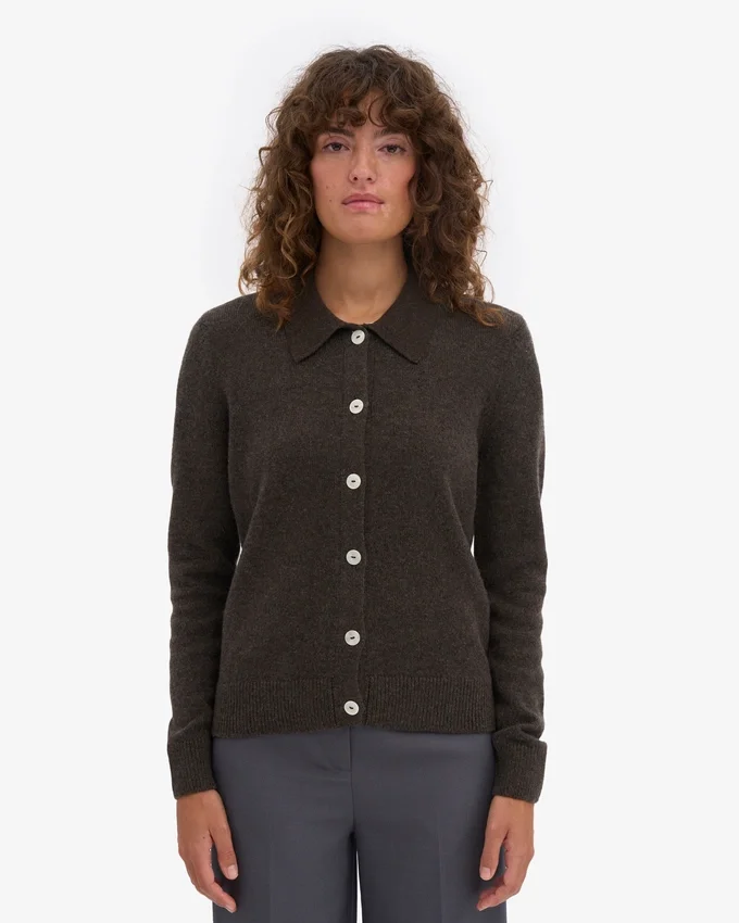 Cardigan de lana merino con cuello para mujer - Marrón café
