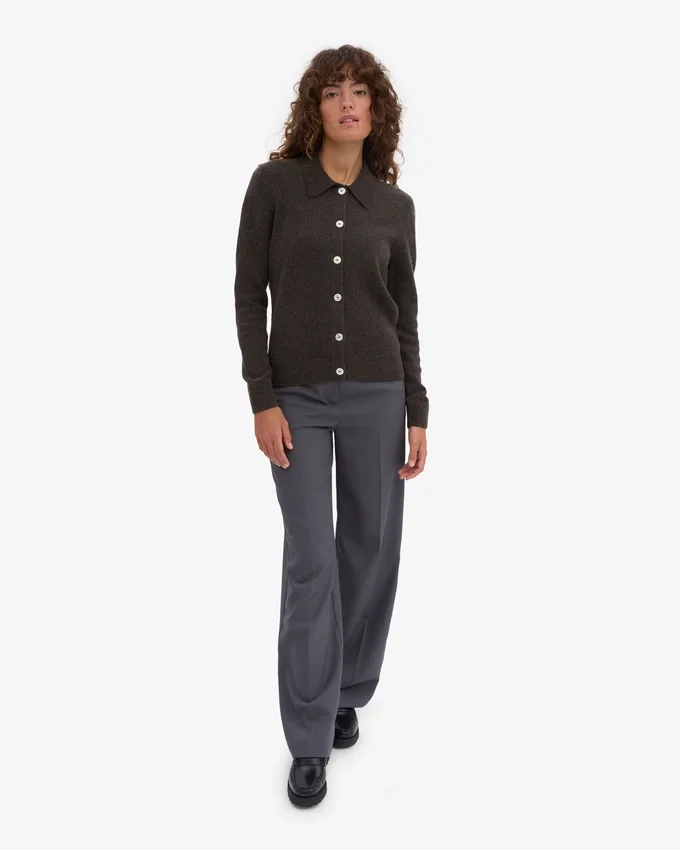 Cardigan de lana merino con cuello para mujer - Marrón café