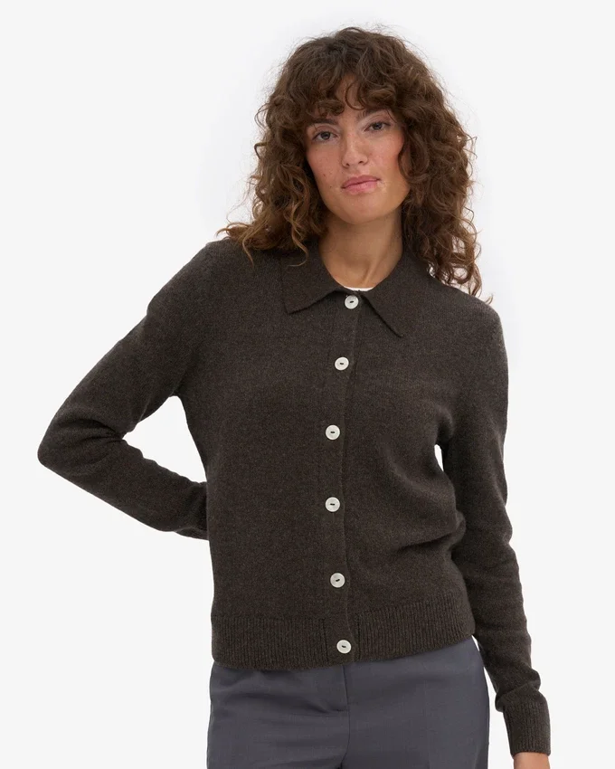Cardigan de lana merino con cuello para mujer - Marrón café