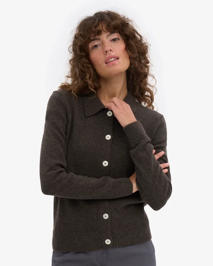 Cardigan de lana merino con cuello para mujer - Marrón café