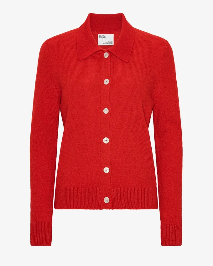 Cardigan de lana merino con cuello para mujer - Rojo mandarina