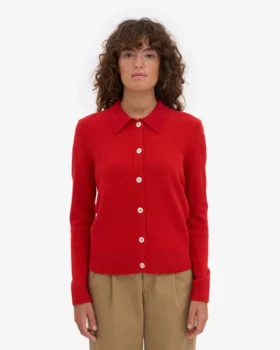 Cardigan de lana merino con cuello para mujer – Rojo mandarina