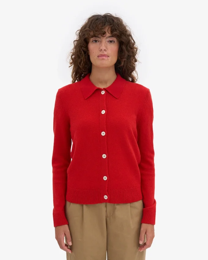 Cardigan de lana merino con cuello para mujer - Rojo mandarina