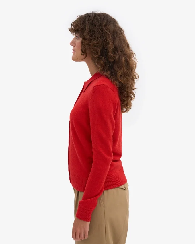 Cardigan de lana merino con cuello para mujer - Rojo mandarina