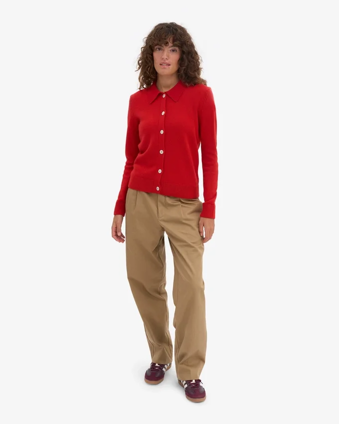 Cardigan de lana merino con cuello para mujer - Rojo mandarina