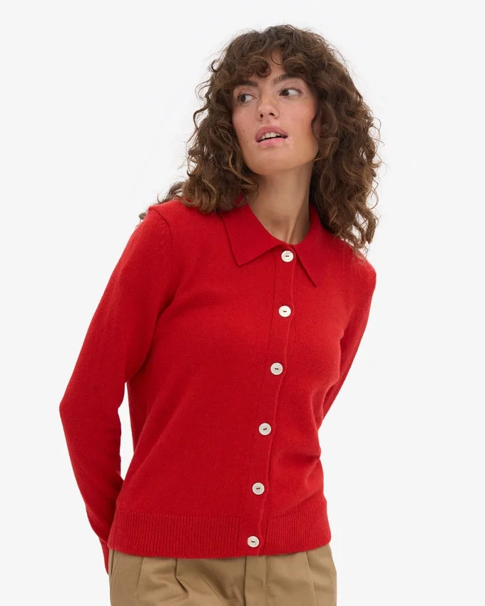 Cardigan de lana merino con cuello para mujer - Rojo mandarina
