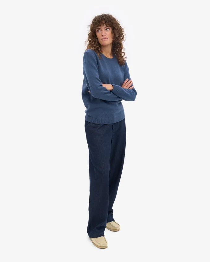Jersey clásico de lana merino para mujer - Azul petróleo