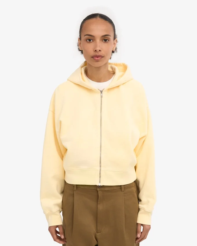 Sudadera con capucha corta orgánica con cremallera - Amarillo suave