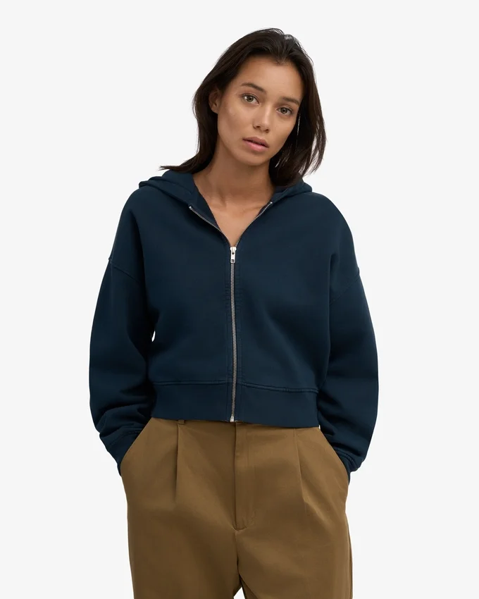 Sudadera con capucha corta orgánica con cremallera - Azul marino