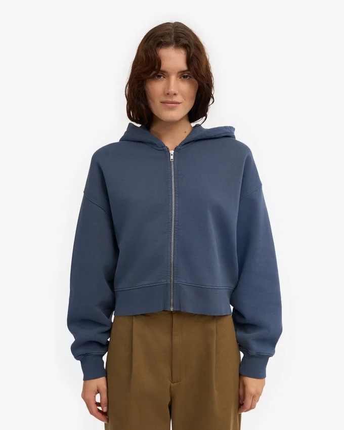 Sudadera con capucha corta orgánica con cremallera - Azul petróleo
