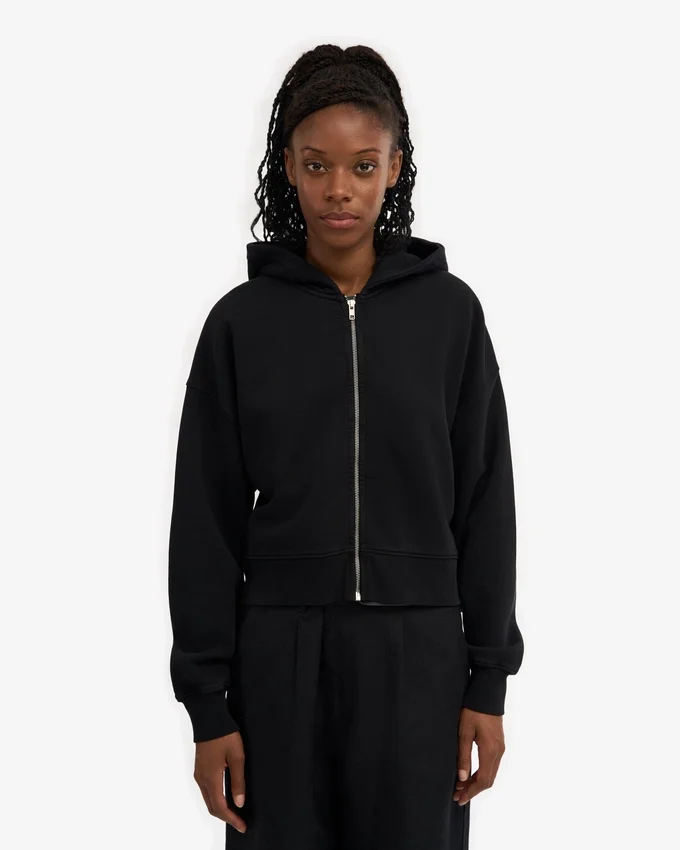 Sudadera con capucha corta orgánica con cremallera - Negro intenso