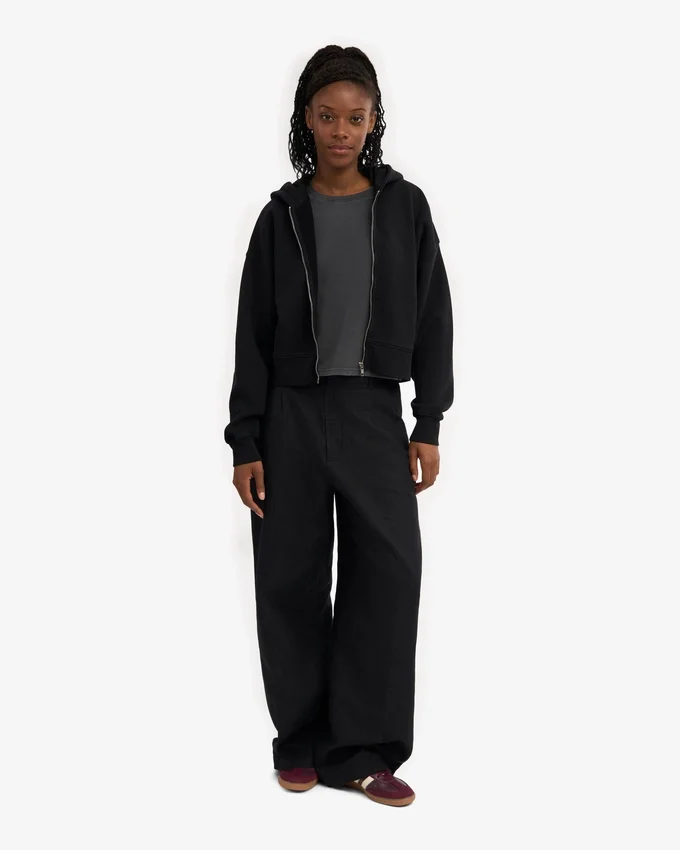 Sudadera con capucha corta orgánica con cremallera - Negro intenso