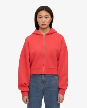 Sudadera con capucha corta orgánica con cremallera – Rojo mandarina