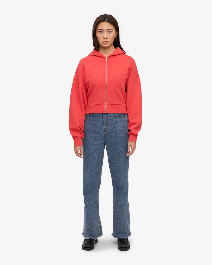 Sudadera con capucha corta orgánica con cremallera - Rojo mandarina