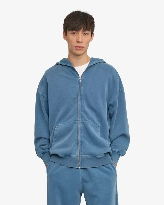 Sudadera con capucha orgánica de talle grande con cremallera - Índigo descolorido